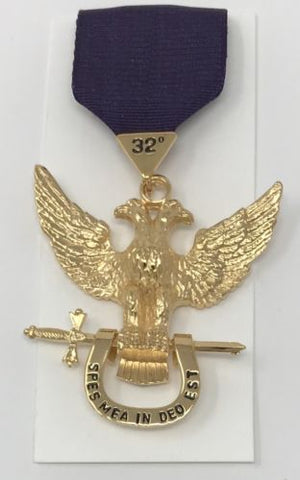 Scottish Rite 32nd Degree Wings Up Jewel in Gold Tone with Purple Ribbon