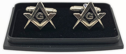 Freemason Square and Compass Cufflinks in Silver Tone with Black