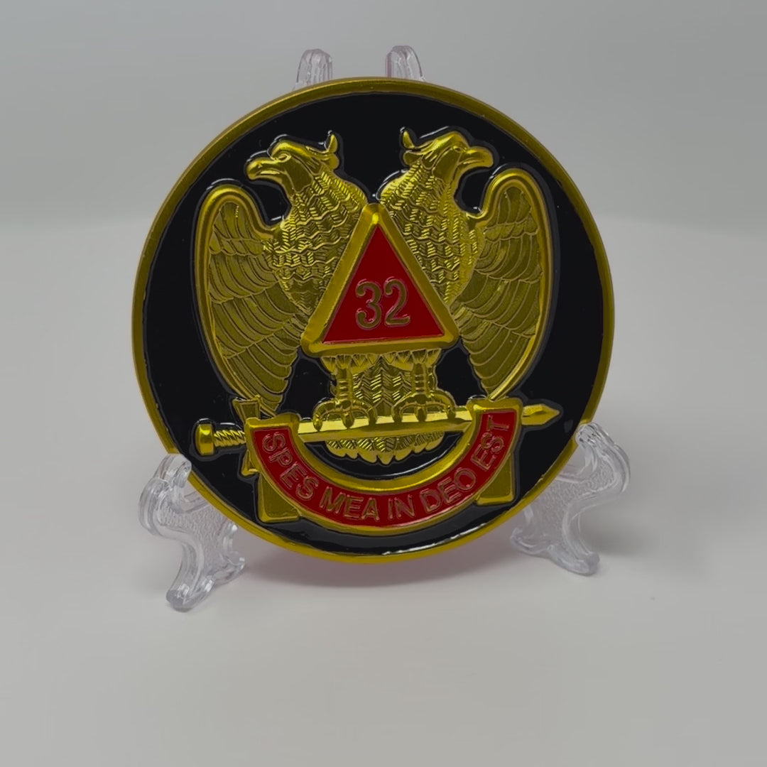 Scottish Rite 32nd Degree Consistory Car Emblem rotating on a stand