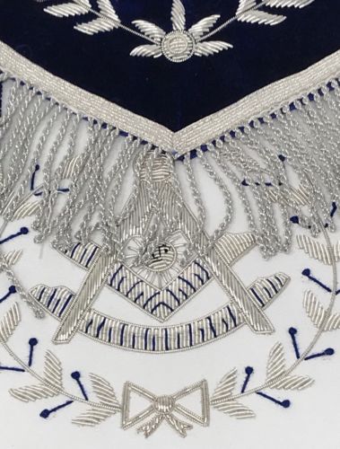 Past Master Blue and silver Apron, close-up of the embroidery
