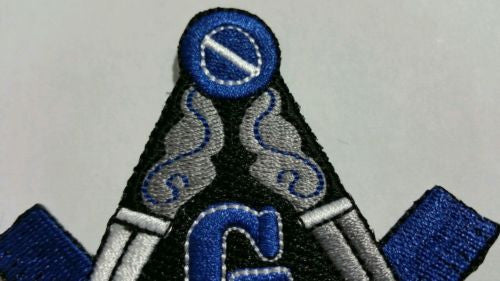 Masonic Blue, Grey, and White Iron on Patch, close-up of the stitching