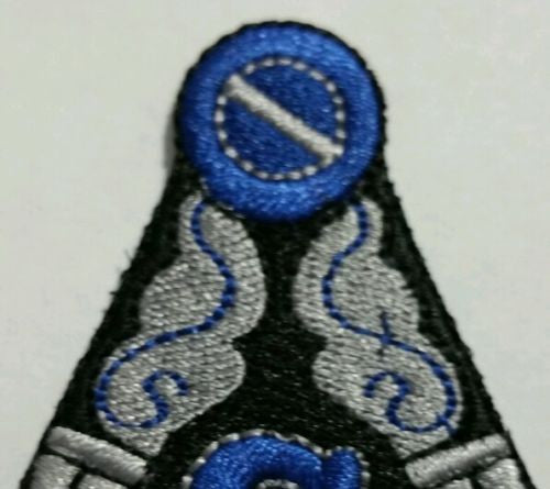 Masonic Blue and Grey Iron on Patch, close-up of the stitching