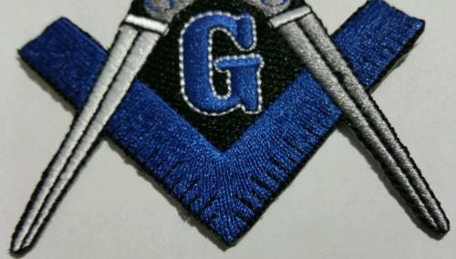 Masonic Blue, Grey, and White Iron on Patch, close-up of the stitching