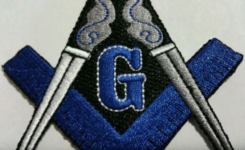 Masonic Blue, Grey, and White Iron on Patch, close-up of the stitching
