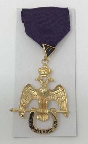 Scottish Rite 33rd Degree Wings Down Jewel in Gold Tone with Purple Ribbon