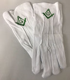 Masonic Holiday Green Dress Gloves, close-up of the embroidered emblems