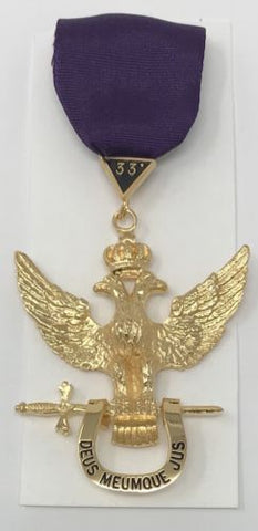 Scottish Rite 33rd Degree Wings Up Jewel in Gold Tone with Purple Ribbon