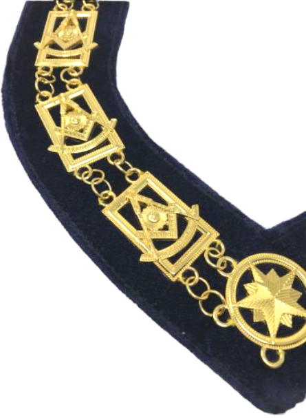 Freemason Blue Lodge Past Master Officer Collar Gold Tone w/ Dark Blue Backing, close-up of the collar chain