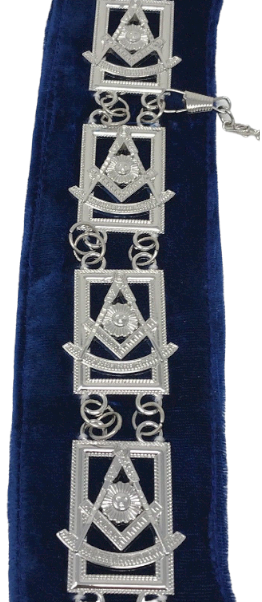 Freemason Blue Lodge Past Master Collar Silver Tone with Blue Backing, close-up of the collar chain