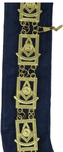 Freemason Blue Lodge Past Master Collar Gold Tone with Blue Backing, close-up of the collar chain