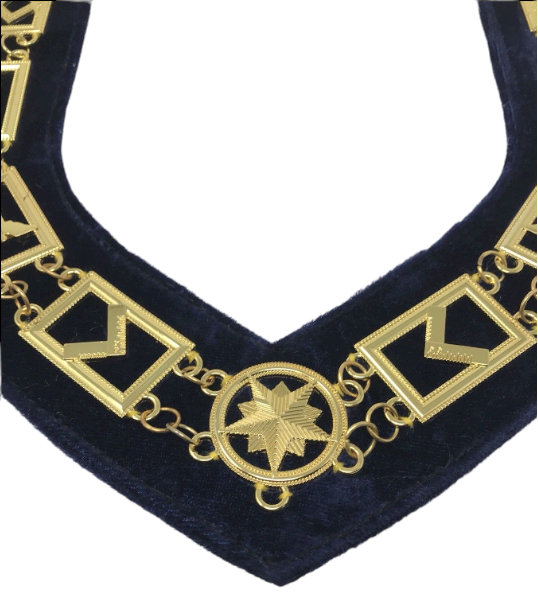 Freemason Blue Lodge Gold Tone Officer Collar with Dark Blue Backing, close-up of the collar chain