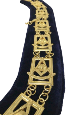 Freemason Blue Lodge Past Master Officer Collar Gold Tone w/ Dark Blue Backing, close-up of the collar chain
