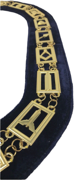 Freemason Blue Lodge Gold Tone Officer Collar with Dark Blue Backing, close-up of the collar chain
