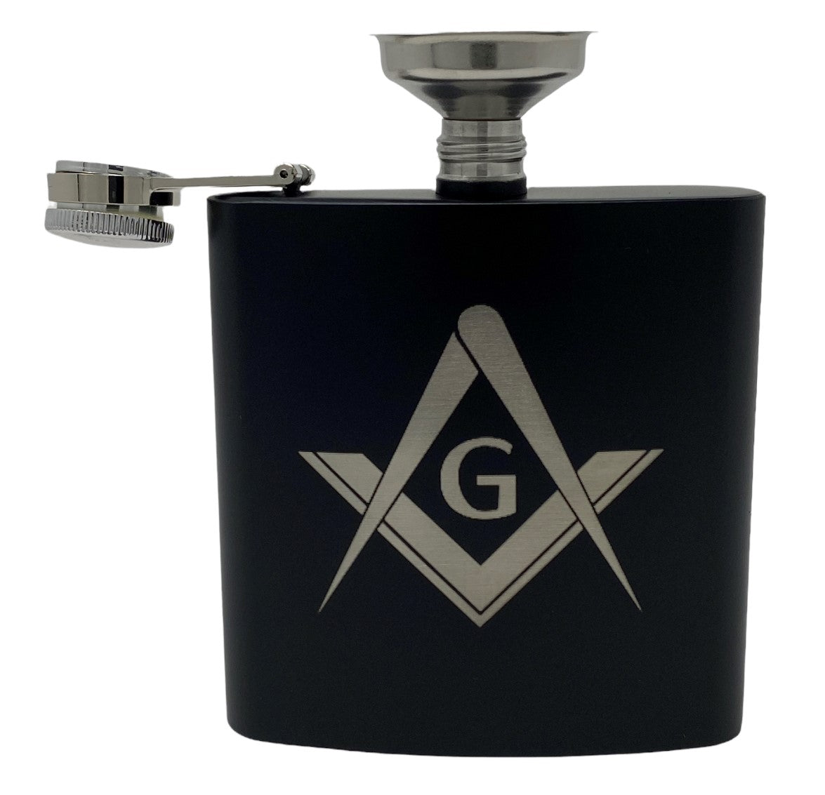 Masonic Square and Compass 6 oz Flask, with cap open