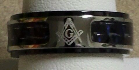 Freemason Ring with Black and Blue Carbon Fiber Inlay