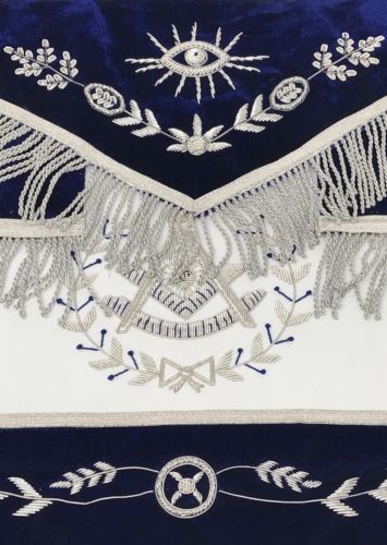 Past Master Blue and silver Apron, close-up of the embroidery