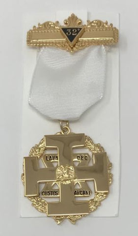 Scottish Rite Commander In Chief Wings Down Jewel in Gold Tone with White Ribbon