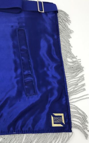 Past Master Blue and silver Apron, back view, alternate angle