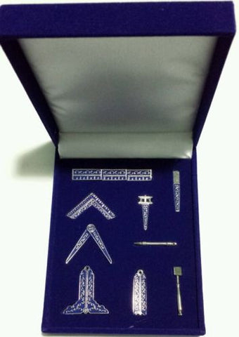 FREEMASONS WORKING TOOLS DESK GIFT SET IN SILVER TONE VELVET BOX