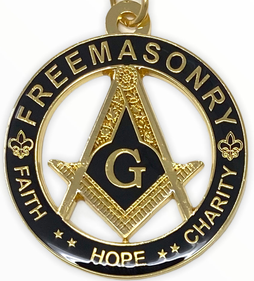 Freemason Faith, Hope, Charity Key Chain in Black & Gold, close-up of the emblem