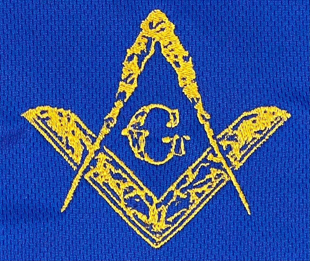 Master Mason Moisture Wicking Blue Polo Shirt, close-up of the embroidered emblem