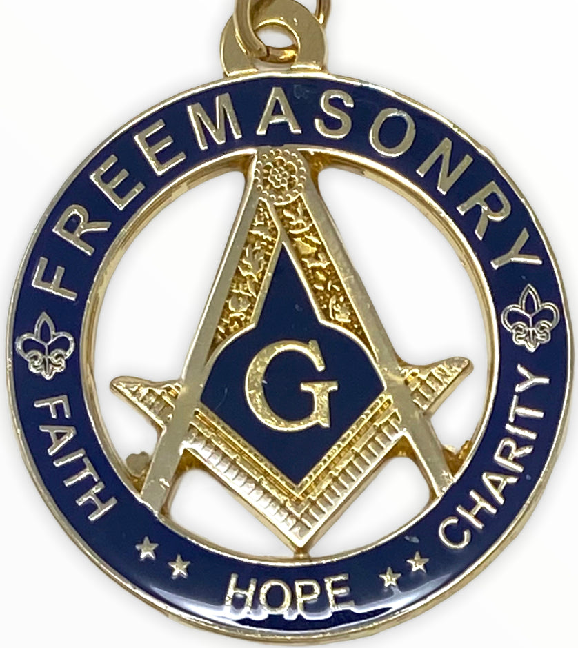 Freemason Faith, Hope, Charity Key Chain in Blue & Gold, close-up of the emblem
